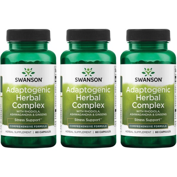 Swanson Rhodiola Ashwagandha Ginseng Complex Mood Energy Immune Function Nervous System Stress Support Adaptogen Herb Supplement 60 Capsules (3 Pack)