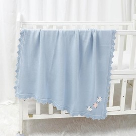 LAWKUL Baby Blanket 100% Traceable Cotton Knit Receiving Blankets Infant Swaddle for Newbron Boy Girl 100X80cm (Blue Floral)