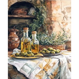 Retro Olive Oil and Olive Branch Paint by Numbers Kit for Adults, Modern Aesthetic Paint by Number on Canvas, Abstract Art Digital Oil Painting Kits Suitable for Home Wall Decoration Gift 16"x20"
