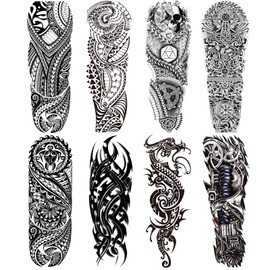 Totem Fake Tattoos Sleeve For Men Women, Full Arm Tribal Polynesian Temporary Tattoo Sleeves Adult, Large Black Hawaiian Viking Dragon Temp Tatoo Sticker Leg Body Art Makeup, 8-Sheet