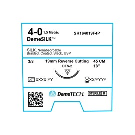 DEMETECH DemeSILK Synthetic Non-Absorbable Silk Suture, DFS-2, 19mm, 3/8 Circle, Reverse Cutting Needle, USP Size 4-0, 18 inches, (45cm), Black
