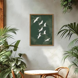 Framed Japanese Flying Cranes Wall Art, Vintage Bird Pictures Wall Decor Paintings, Rustic Nature Animal Canvas Prints Minimalist Home Decor for Living Room Bedroom Office Zen 12x16 inch