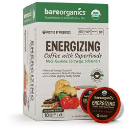 BareOrganics Energy Medium Roast Coffee, Organic, 10 K-Cup Pods, Superfoods & Probiotics Infused, Vegan, Gluten Free, 10 Single Serve Cups