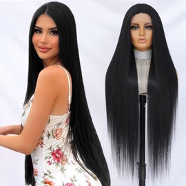Felek Super Long Natural Black T Part Lace Wig 40 Inch Straight 13x4x1 T Lace Front Wig Heat Resistant Fiber Glueless Pre-Plucked Natural Hairline Lace Wig For Fashion Women/Girls(NAT Black)