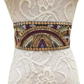 FANFAN Black Embroidered Belt Women Vintage Mexican Embroidered Belt 1920s Gold Sequin Belt Brown Embroidered Belt Women E7, Vintage Style, One Size