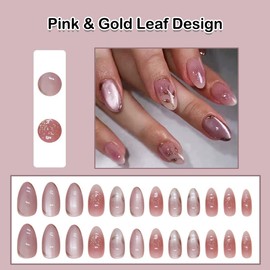 ANDGING Almond Press on Nails Pink Short Medium Fake Nails with Gold Leaf Designs Acrylic Fantasy Glue on Nails for Women Aesthetic Manicure Stick on Nails for Wedding False Nails Gel Pressons Nails