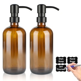 2 Pack Amber Glass Soap Dispenser, 16oz Refillable Hand Soap Dispenser, Amber Glass Jar Soap Dispenser with Rust Proof Stainless Steel Pump, Clear Kitchen Soap Dispenser for Soap Lotion Essential Oil