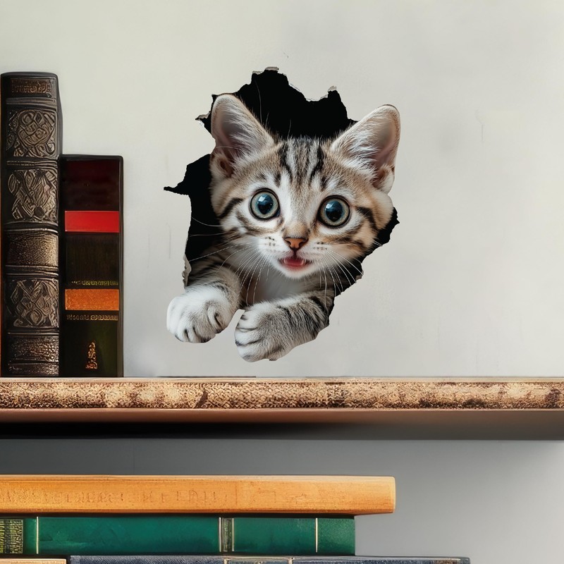 Tabby Cat Decal - Wall Hole Cat Sticker with 3D