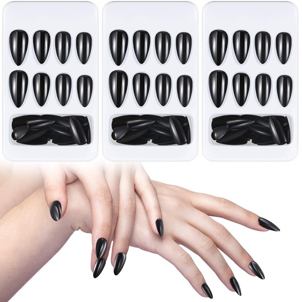 84 Pieces False Nails Artificial Stiletto Nail Tips Black Glossy Fake Nail Tips Full Cover Long Fingernails with Files Sticks Kit 12 Sizes for Salon Women and Girls Nail DIY Decoration