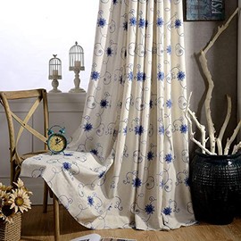 VOGOL Curtains 84 Inch Length 2 Panels, Blue Floral and Vines Embroidery Linen Curtains for Bedroom Living Room, Top Grommet, 2 Panels
