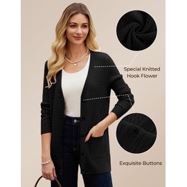 GRACE KARIN Long Cardigans for Women Fall Cable Knit Sweater Button Up Sweater Jackets with Pockets Black L