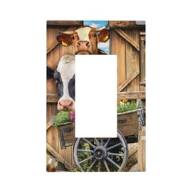 1 Gang Single Decorator GFCI/Rocker Wall Plate Fun Western Vintage Farm Cow Wildlife Barn Door Wagon Wheel Animals Electrical Outlet Decorative Receptacle Cover Light Switch for Dimmer, USB, Mid Size