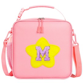 WOBAGMEN Initial Lunch Box for Women Kids Girls,Cute Pink Insulated Lunch Bag with Chenille Letter, Reusable Square Bento Lunch Box for School Office Picnic,Kids Lunch Bag for Teen Girls(Pink, M)