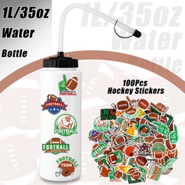 Zhehao Football Gifts, 1 Pack Football Water Bottle with Long Straw and 100pcs Stickers Accessories Stuff for Boys Men Player Lovers(1l, Bpa, Squeeze)
