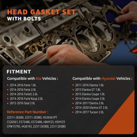 Head Gasket Set with ES72486 Bolts Compatible with Hyundai 2011-2020 Elantra GT Coupe Tucson 1.8 2.0, for Kia 2012-2018 Forte Koup Soul Forte5 1.8L 2.0L Replace# HS26561PT HGS193 CPW13795