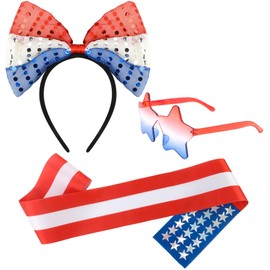Exacoo Red White and Blue Headband Sequin 4th of July Sash Star Glasses
