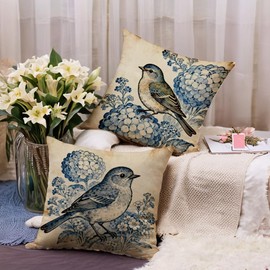 Vintage Blue Bird Pillow Covers 18x18 Inch Set of 2, Rustic Cottagecore Hydrangea Cushion Cases, Farmhouse Floral Bird Throw Pillow Covers for Sofa Bedroom Decor (Navy Blue)