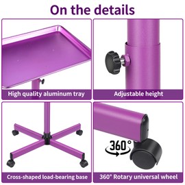 Wuissvnb Salon Tray, Tattoo Tray on Wheels, Premium Aluminum Salon Tray, Hair Stylist Tray, Tattoo Tray, Height Adjustable Rolling Service Tray(Purple)