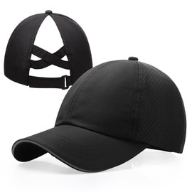 CHUANGLI Girls Criss Cross Ponytail Hat Reflective Lightweight Baseball Cap for Kids Quick Drying Mesh Sports Hat for Age 7-12 Black