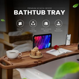 Lush & Style Premium Bathtub TrayP for Freestanding Bath Large & Thick 35” x 10``Acacia Wood Luxury Bath Tray for Tub Anti-Tip, Non-Toxic, Adjustable Bathtub Trays No Tools Required