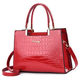 Caalaay Women handbags Purse Shiny Patent Leather Crocodile Pattern Top Handle Handbag Satchel Bags Zipper Medium Tote Bag-Red