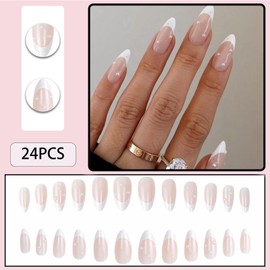 WAFOLOZE Almond Press on Nails,White French Tip Almond Nails Medium Fake/False Nail with Pearl Nail Press ons Designs Acrylic Artificial Stick on Nail for Women 24Pcs