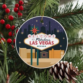 Las Vegas Skyline Round Ceramic Ornament 3 inches with LED Welcome Sign and Merry Christmas Design in Festive Colors