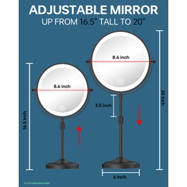 9" Lighted Makeup Mirror with 1X 10x Magnification, 5000mAh Rechargeable Led Magnifying Vanity mirror with lights, 3 Lighting Colors, Brightness Dimmable Height Adjustable Cosmetic Mirror Black