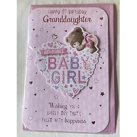 Happy 1st Birthday Granddaughter Adorable Baby Girl Birthday Card Granddaughter's First 1st Age 1 One Birthday Pink-Teddy/Heart 3D/Foil Detail(PRELUDE49758)