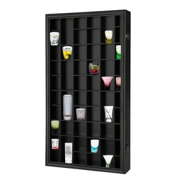 Sboitflmm 52 Shot Glass Display Case - Shot Glass Holder - Shot Glass Shelf Wall Mount Wooden Lockable with Removable Shelves for Collection Shot Glass UV Protection Acrylic Glass Door, Black