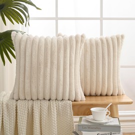 Volcanics Set of 2 Faux Fur Plush Decorative Throw Pillow Covers 18x18 Inches, Striped Cushion Cases Soft Fluffy Accent Pillowcases for Sofa, Couch and Bed, Beige