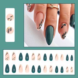 24Pcs French Fake Nails Short, Almond Press on Nails Simple Green Leaves False Nails with Design, Acrylic Reusable Full Cover Glue on Nails for Women Girls Nail Art Accessories