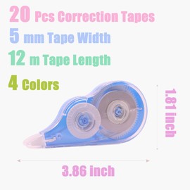 Tramboo 20 Pcs 39.4 Ft Colorful Correction Tape, White Wrong Out Tape Roller Bulk for Noting, Teacher Supplies, School, Office and Home (4 Colors)