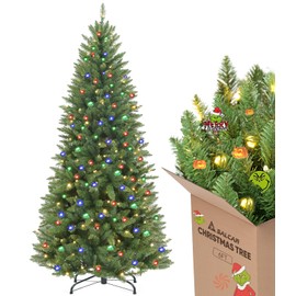 Christmas Tree with Slim Design,Prelit Christmas Tree with 710 Realistic Branch Tips and White Tree Skirt,Artificial Christmas Tree with Light,Easy to Set, 6ft Pencil Christmas Tree