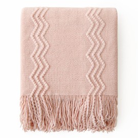 MIULEE Light Pink Knitted Throw Blanket for Couch Textured Knit Blanket with Tassels Cozy Woven Boho Bed Blanket for Sofa Bed Chair Acrylic Wave Pattern 50"x60", Spring