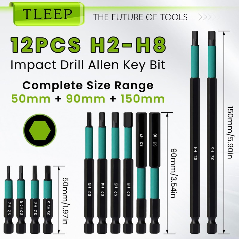 TLEEP Impact Drill Allen Key Set 50mm+90mm+150mm Long, Allen Wrench