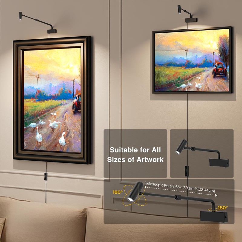 Hudyogy Picture Light for Wall with Retractable Arm, Rotatable Indoor