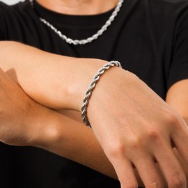 KRKC 6 mm Men's Cord Chain Bracelet, 18K Gold Plated/Silver Colour Stainless Steel Rope Cord Bracelet, Hip-Hop Nickel-Free Twisted Bracelets for Men Length 17-22 cm, Stainless Steel