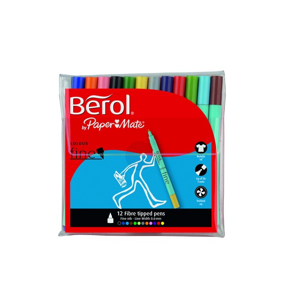 Berol Colour Fine Pen with 0.6 mm Nib, Assorted Colours, Pack of 12