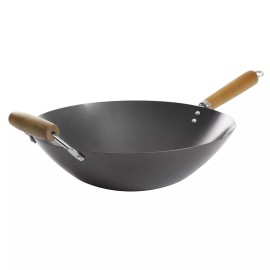 Kenmore Hammond 14 Inch Flat Bottom Carbon Steel Wok in Black with Wooden