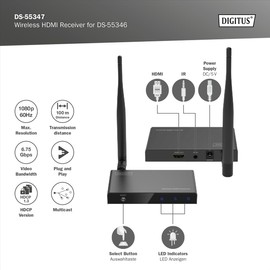 DIGITUS DS-55347 Wireless HDMI Extender/HDMI Splitter (1:4) - Full HD 1080p 60Hz - 100m Range - Receiver Unit for DS-55346 - Loop Out, IR Infrared - HDMI 1.4 & HDCP 1.3