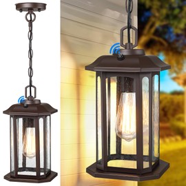 MYHXQ 13.4'' Dusk to Dawn Outdoor Pendant Lights for Porch, Brown Hanging Porch Light with Seeded Glass, Waterproof Outdoor Chandelier Farmhouse Ceiling Light Fixture Lanterns, 1Pack