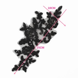 SUNMOVE 1 Pair Embroidery Sequins Lace Applique Sewing Flower Fabric Collar Applique Motif Wedding Dress Bride Crafts (Black)