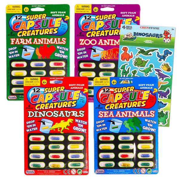 Grow In Water Toys Party Favor Set -- 48 Animal Capsule Creatures (Includes Zoo Animals, Sea Animals, Dinosaurs and Farm Animals)
