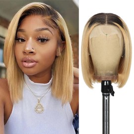 KULYMUWIG Ombre 1B/27 Bob Wig Human Hair 13x4 HD Lace Front Wigs for Black Women 200% Density 12 Inch Blonde Straight Glueless Bob Wigs Human Hair Pre Plucked with Baby Hair