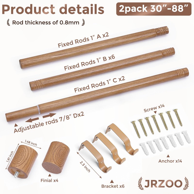 2 Pack Wood Curtain Rods, 1'' Decorative Adjustable Rustic Farmhouse