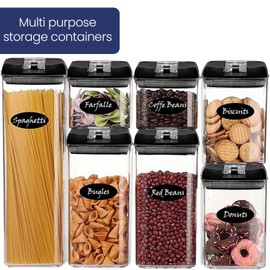 Air-Tight Food Storage Containers with Lids, Set of 7, Clear, BPA Free Plastic Cereal Containers with Easy Lock Lids, for Kitchen Pantry Organization and Storage, Include 24 Labels (Black)