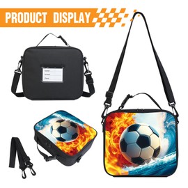 Boys Soccer Insulated Sports Lunch Bag Football Lunch box Reusable Large Capacity Portable with Name Tag detachable buckle handle and shoulder strap Double Zipper Perfect for School Office Picnic