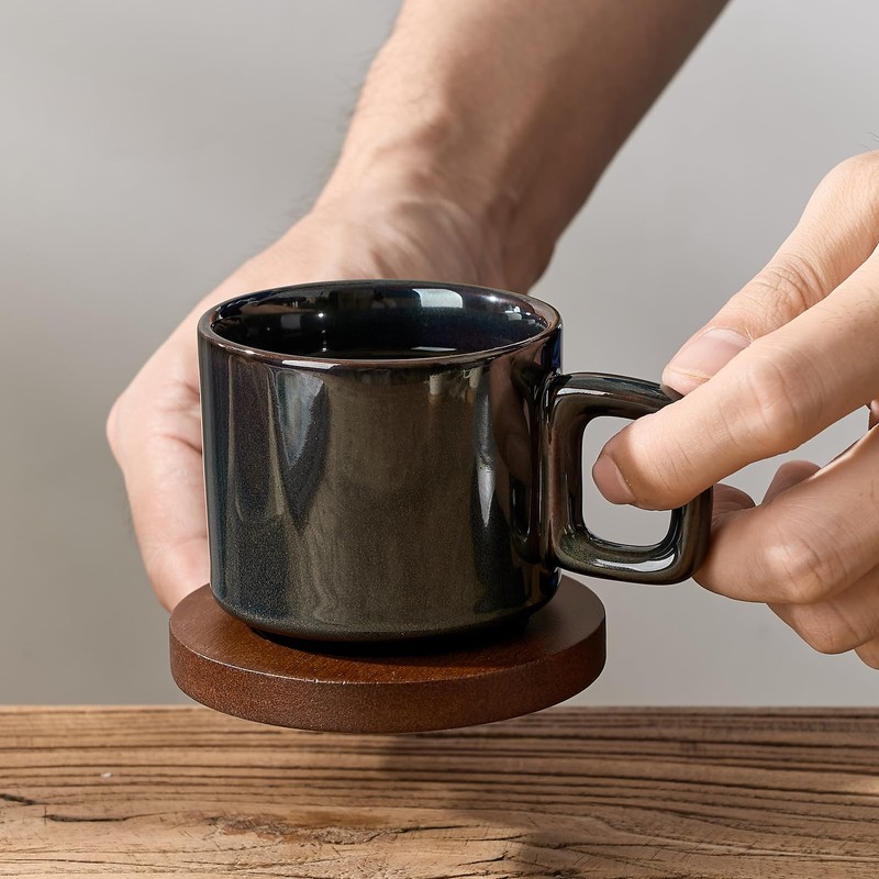 LUKA Porcelain Stackable Espresso Cups with Saucers and Metal Stand,