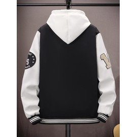 SHENHE Men's Color Block Streetwear Bomer Baseball Jacket Letter Print Varsity Coat Black and White XL